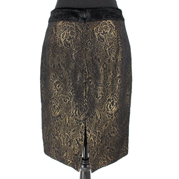 Milly Black Gold Metallic Floral Print Velvet Trim Pencil Mini Skirt 4 Small - Picture 5 of 8